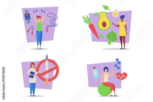 Collection of various activities promoting health, including exercise, nutrition, and wellness