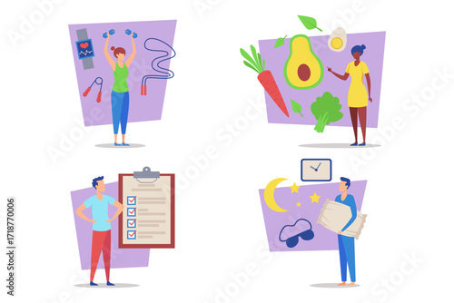 Collection of various activities and practices promoting fitness and healthy living. Exercises, nutrition, planning, and goal-setting methods for balanced lifestyles