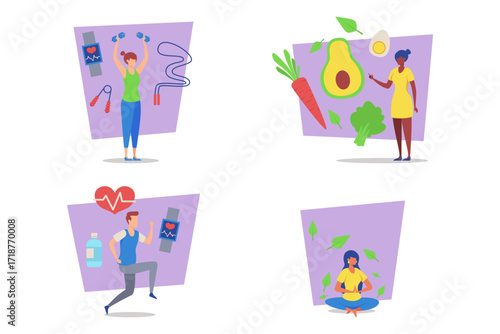 Four illustrations with individuals engaging in various wellness activities including exercising, eating healthy foods, and practicing mindfulness. Health and fitness concept