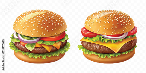 realistic tasty beef burger set in different style isolated on transparent background