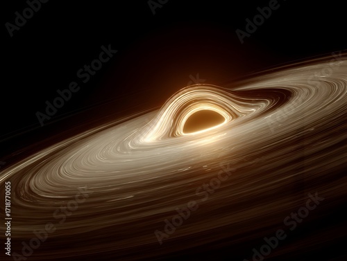 Supermassive black hole warps spacetime around it with accretion disk of matter on a dark background.