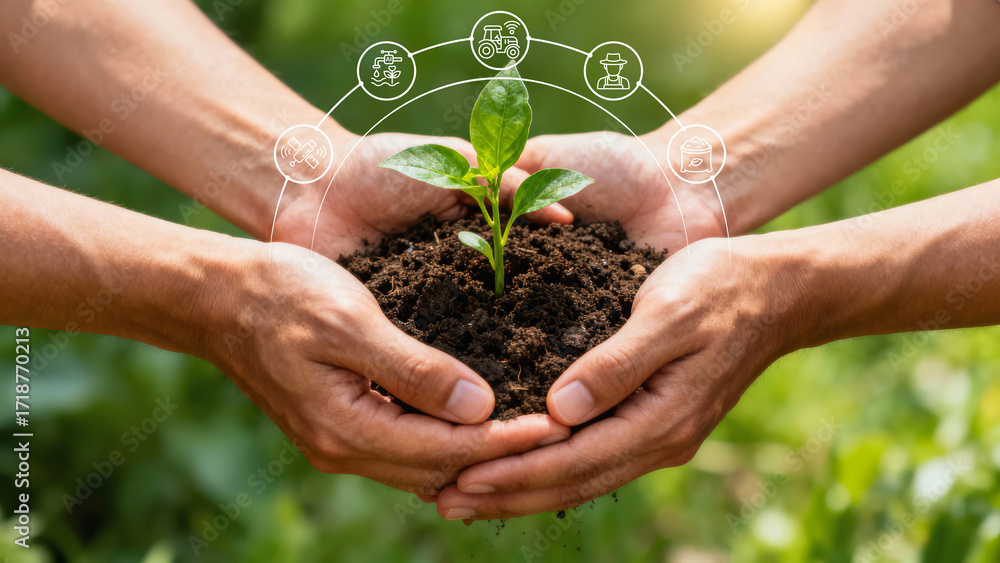 Fototapeta premium Two hands hold a young plant in soil, symbolizing growth, sustainability, and collaboration in an eco-friendly environment.