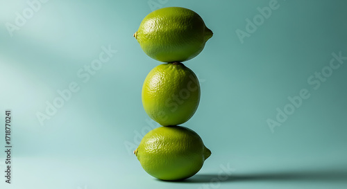 A stack of three green limes balanced on top of each other against a blue background studio shot