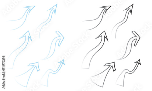 Wind direction site analysis symbols for site planning.  Blue and black arrow symbols illustrating wind direction and airflow patterns, commonly used in site analysis, planning.