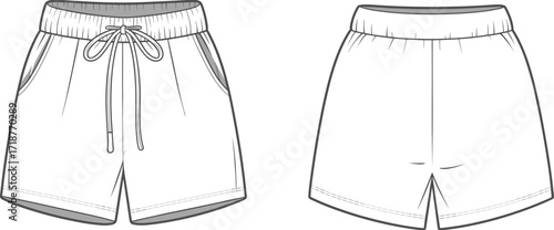 Men’s drawstring shorts front and back technical flat sketch, casual summer clothing template design, stylish fashion apparel, comfortable garment illustration