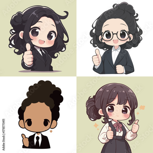 Four animated characters are shown in different outfits. They all smile and give thumbs up, expressing positivity and support in a friendly manner.