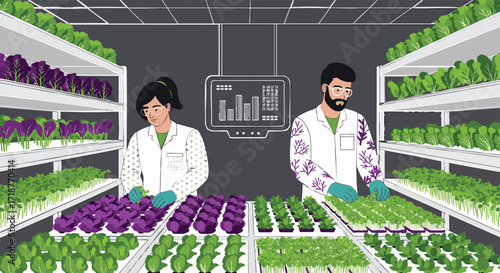 Scientists managing healthy plants inside innovative vertical farm laboratory hydroponics agriculture technology future food organic