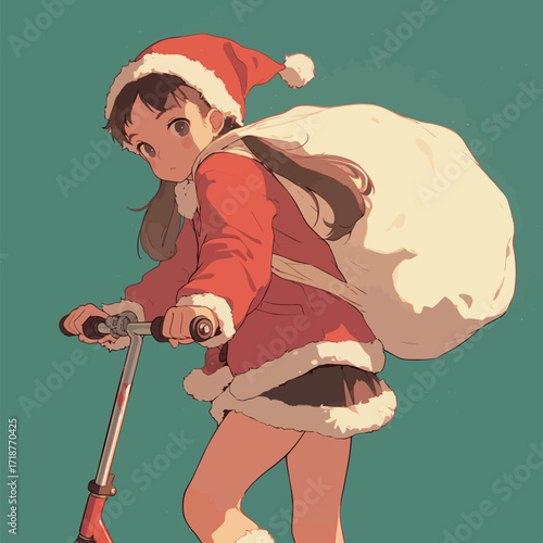 A young girl wearing a red Santa outfit and a hat rides a scooter while carrying a large bag. The background is a simple green, adding to the festive atmosphere.