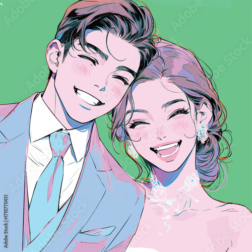 A joyful couple smiles widely, dressed elegantly for their engagement celebration. The vibrant colors enhance the cheerful mood of this special moment.