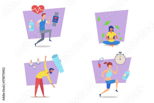 Collection of various health and wellness activities. Running, yoga, stretching, and timing exercise. Healthy lifestyle and fitness concept