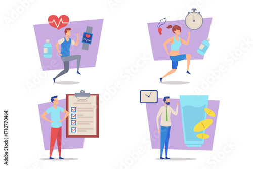 Individuals engaged in various health and fitness activities. One person running while another checking fitness tracker. Checklist and health supplements emphasizing wellness routines