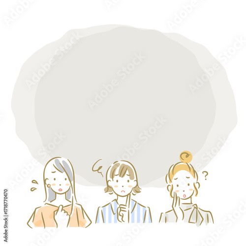 悩み事を抱える3人の若い女性とフレーム　ソフトなタッチのお洒落な線画イラスト