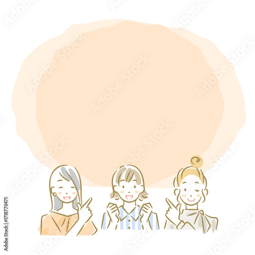 おすすめの情報を指さしながらおしゃべりをする若い女性たち　ソフトなタッチのお洒落な線画イラスト