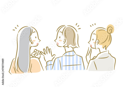お得な情報に気づいて驚く若い女性たち　ソフトなタッチのお洒落な線画イラスト
