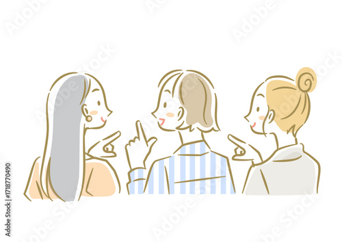 お得な情報を指さしながらおしゃべりをする若い女性たち　ソフトなタッチのお洒落な線画イラスト