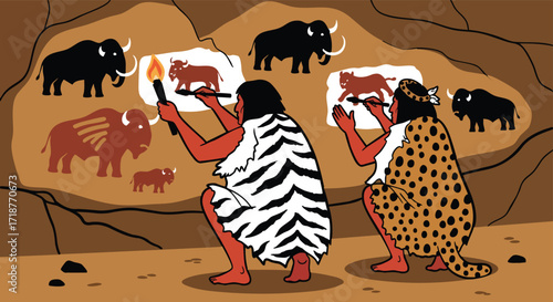 Prehistoric cave artists illustrating ancient animal murals on rock walls Mammoth Bison Torch Stone Age History Art
