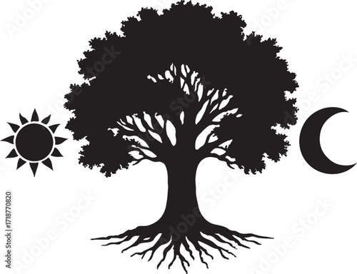 Stylized tree silhouette with sun and moon on opposite sides symbolizing balance and duality isolated on white background