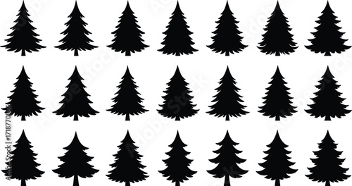 Pine tree silhouette vector collection, evergreen forest illustration, Christmas holiday design, winter nature artwork, black fir tree decorative graphic set