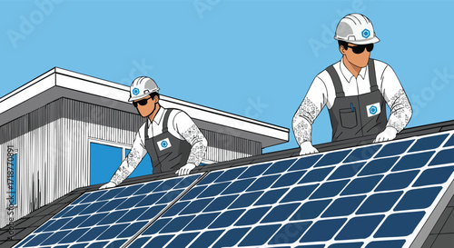 Two professional installers working on modern solar panel installation green energy renewable power sustainable technology rooftop house vector illustration
