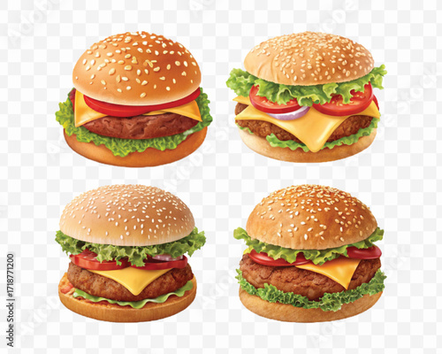 realistic tasty beef burger set in different style isolated on transparent background