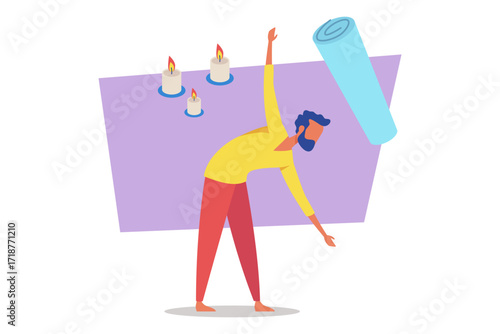 Man stretching gracefully in serene environment. Candles flickering softly nearby, and yoga mat rolled out