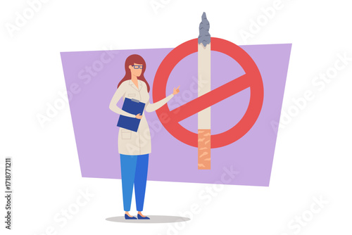 Health expert standing next to large no smoking sign while holding clipboard. Doctor gesturing emphatically, advocating for smoke-free lifestyle in colorful and engaging setting