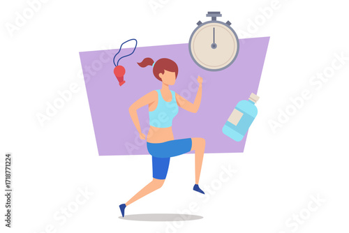 Person jogging energetically, focused on their workout. Nearby, stopwatch and water bottle emphasizing importance of hydration and timing in fitness routines