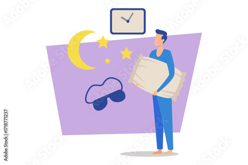 Man dressed in blue holding pillow and preparing for sleep. Clock showing nighttime along with crescent moon and stars in cozy setting