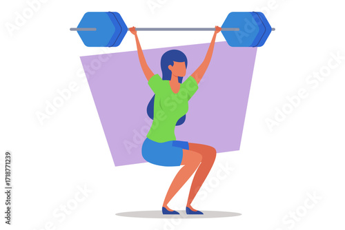 Person performing squat while lifting barbell overhead in indoor gym. Woman focused on maintaining balance and strength during workout session