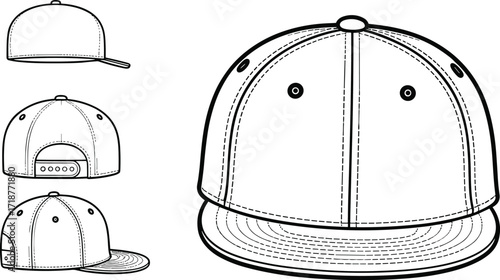 Snapback cap vector illustration, modern baseball hat design, flat brim cap mockup, fashion headwear template, adjustable sports cap drawing