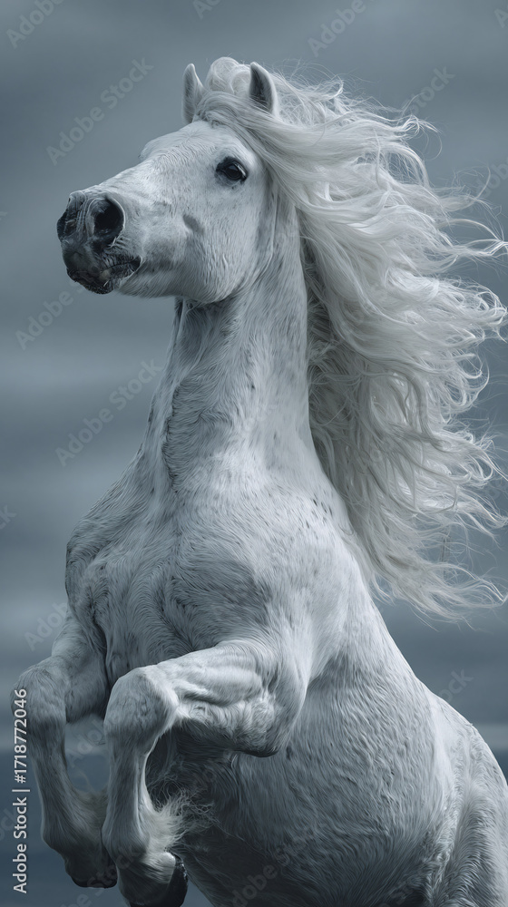 Fototapeta premium Oil Painting of Majestic White Horse Rearing Against Dramatic Stormy Sky