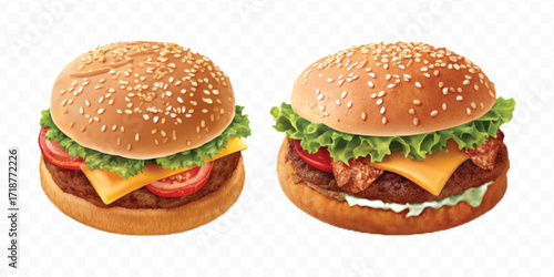 realistic tasty beef burger set in different style isolated on transparent background