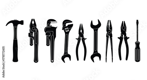 Vector illustration of illustration of collection of black tool silhouettes