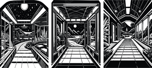 Step into serenity with this monochrome corridor that blurs interior design and dreamy outdoor vistas, a peaceful architectural escape to nature