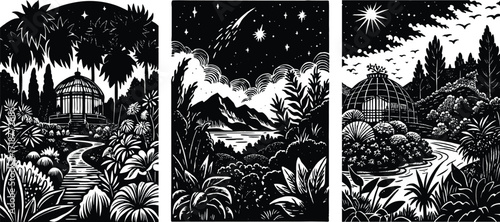 Discover three serene botanical scenes, inviting contemplation and wonder among lush landscapes and starry skies, perfect for adding a touch of nature's magic