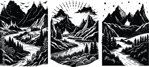 Majestic mountain landscapes showcase adventure and exploration with forests, rivers, and an ominous castle in a timeless black and white style