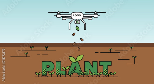 Agriculture drone dropping seeds into soil forming word Plant farming technology growth green future innovation sustainability organic digital vector