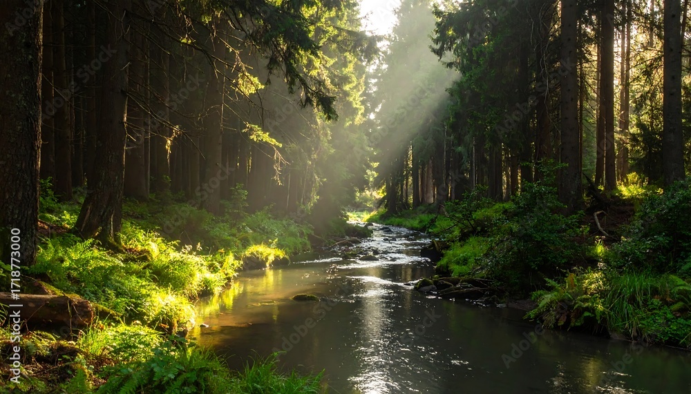 Obraz premium A serene forest scene, river flowing through a sunlit green woodland. Sunlight streams, illuminating trees and water
