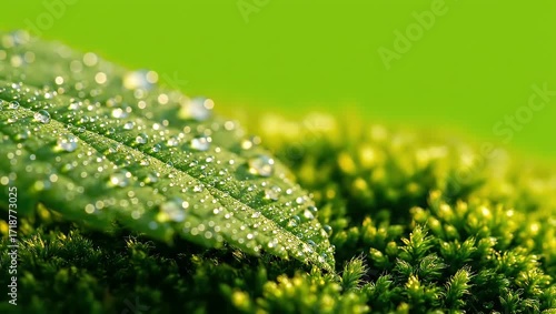 Dew-kissed leaf rests gently on a bed of vibrant green moss, sunlight illuminating the scene.