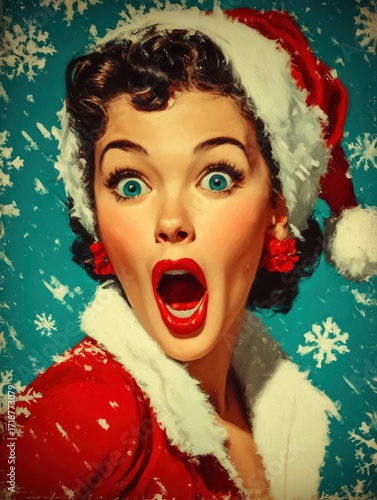 Retro Christmas pin-up woman in Santa hat with surprised look, with snowflakes