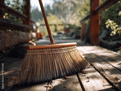 Wallpaper Mural Natural straw broom resting on rustic wooden deck, covered in leaves and debris, illuminated by sunlight Torontodigital.ca
