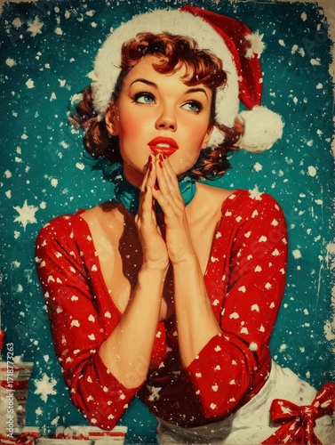 Vintage Christmas pin-up woman in Santa hat with dreamy look, with snow