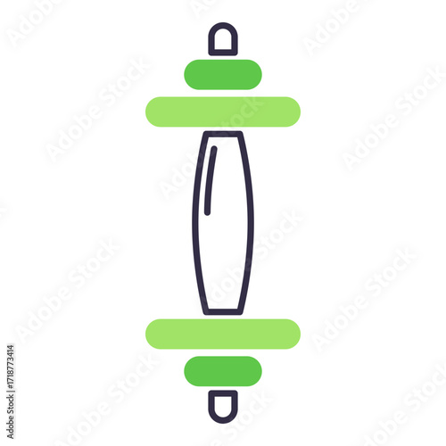 Line drawing of dumbbell, designed with distinct green weights. Strength training and fitness activities concept, ideal for health-related content