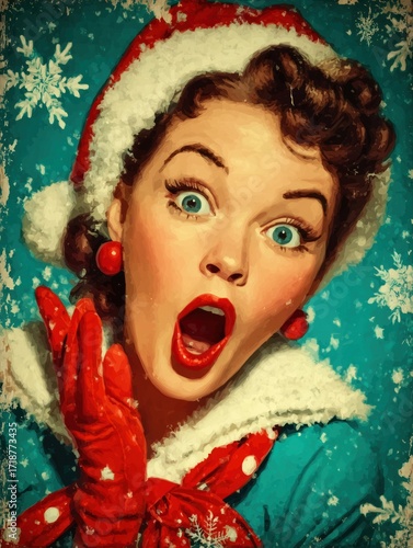 Retro Christmas pin-up woman in Santa hat with flirty look, with snowflakes