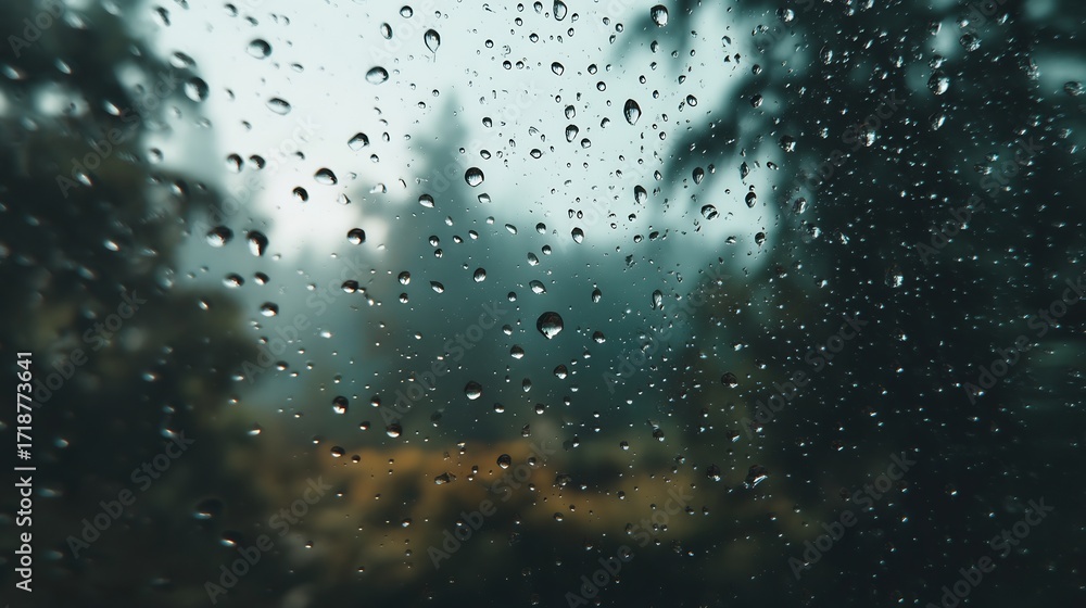 Obraz premium Moody raindrops on glass window with blurred forest background. Close-up of water droplets on a pane during rainy weather, creating a tranquil and atmospheric natural scene.