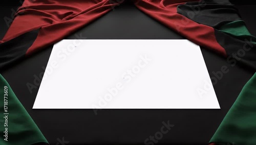 A blank white rectangle is framed by draped fabrics in red, green, and black on a dark surface.