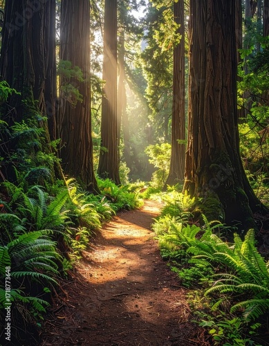 Sunlight streams through redwood forest path