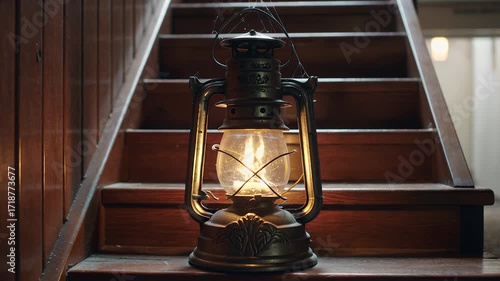 Vintage oil lamp with a glowing flame sits on wooden stairs, creating a warm and inviting atmosphere.
