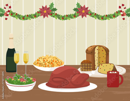 Tradicional cena navideña celebrada en Perú con pavo, paneton, champagne y chocolate caliente