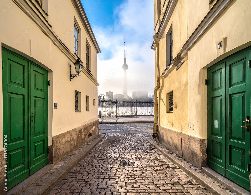 Fototapeta premium Cobblestone alleyway, ancient buildings, hazy tower